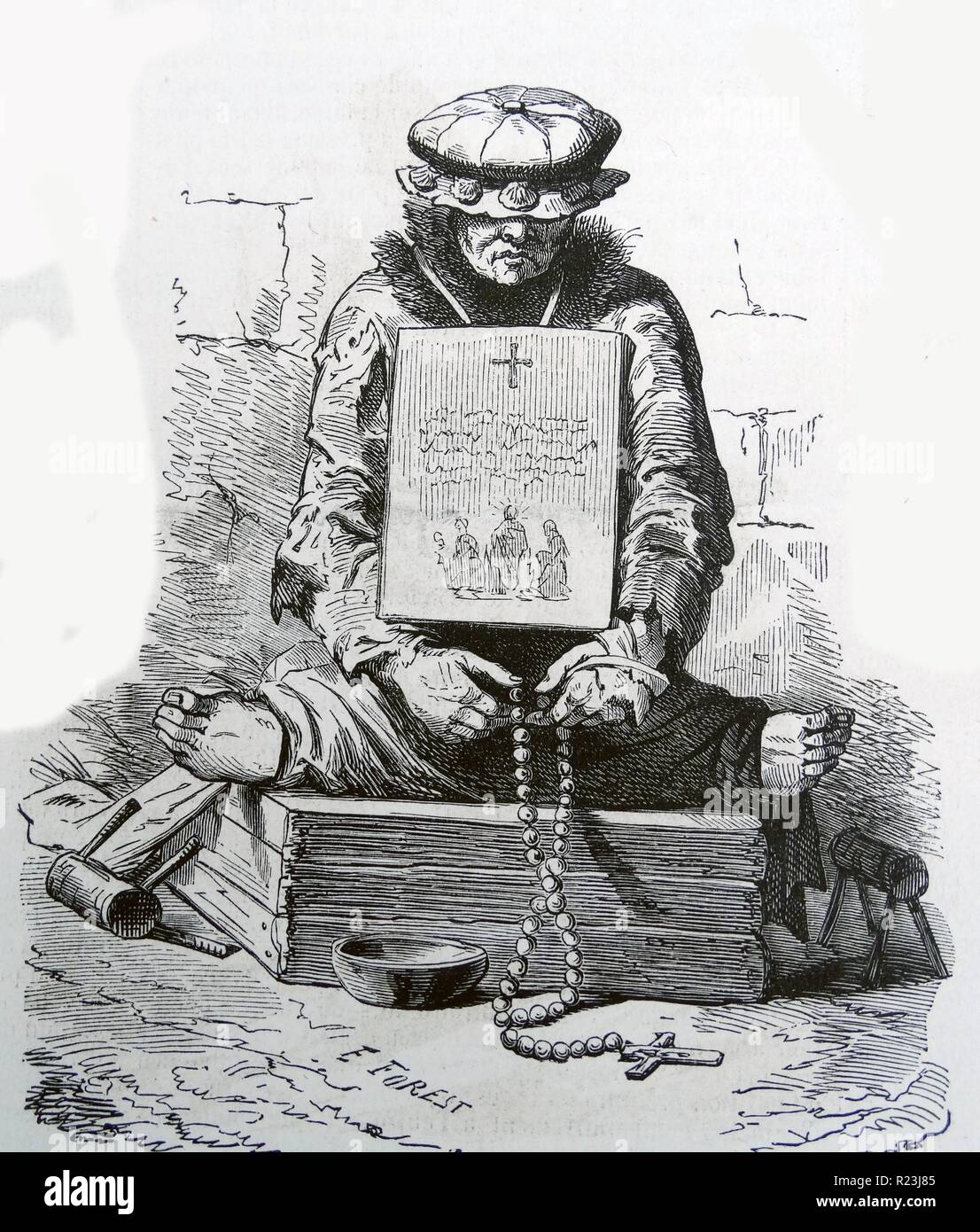 Illustration of a French medieval leper. On either side of him are hand crutches which would be used to propel the leper forward. He is also sat with his head down and covered by a hat, a begging sign around his neck and rosary beads in his hand. Dated 1800 Stock Photo