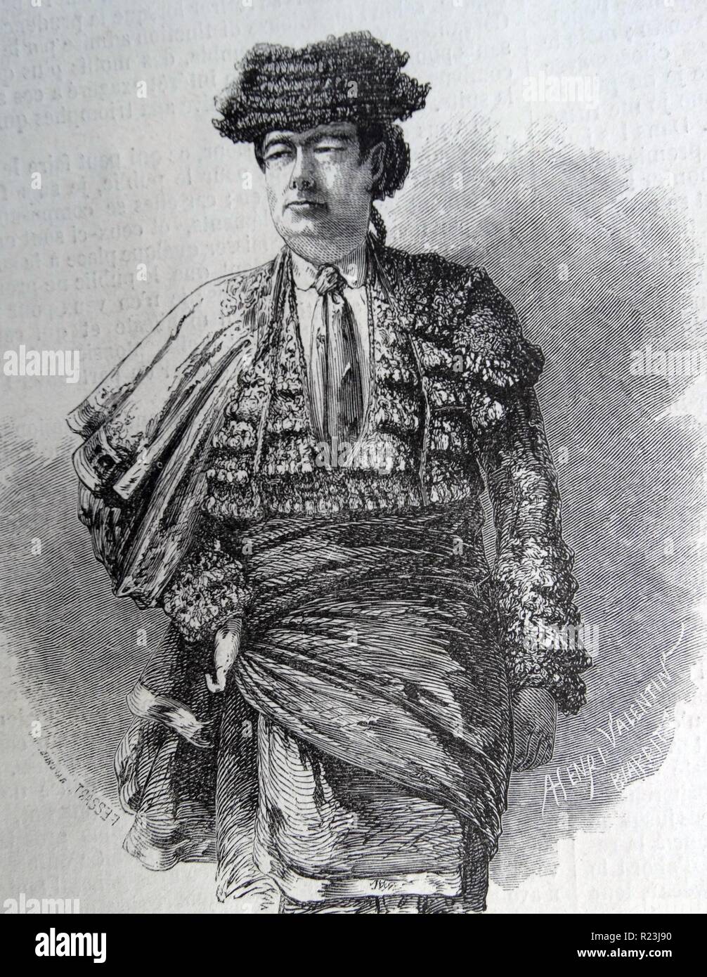 Illustrated portrait of Arjona Francisco Guillen (1818-1868). Also known as 'Cuchares', he was an infamous bullfighter. Dated 1860 Stock Photo