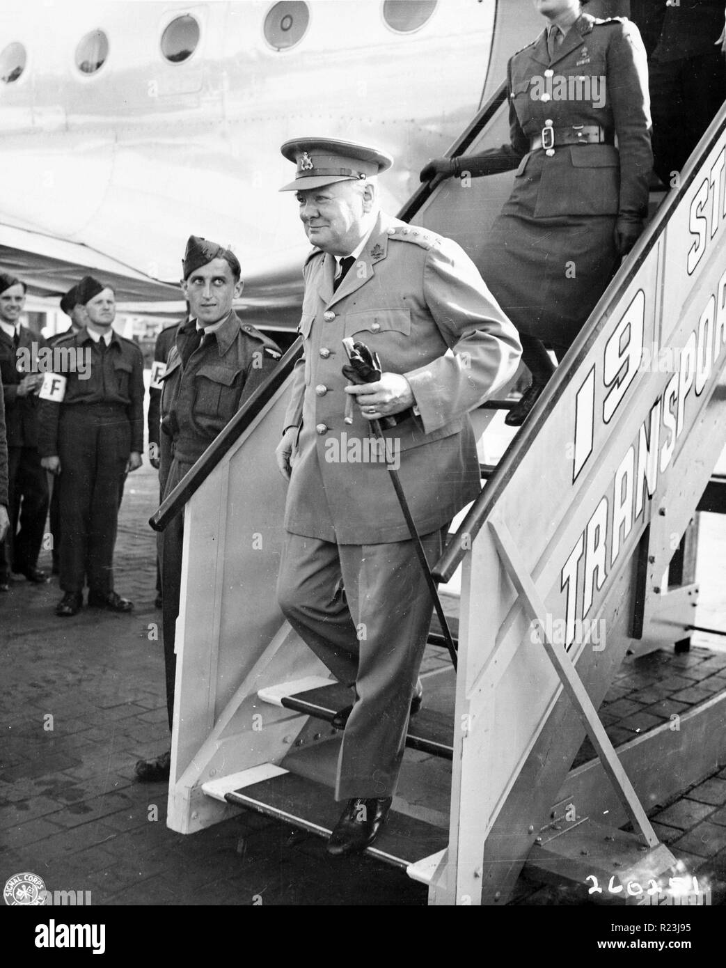 British Prime Minister Winston Churchill; arrives for the Potsdam conference in Germany, 15 Jul 1945 Stock Photo
