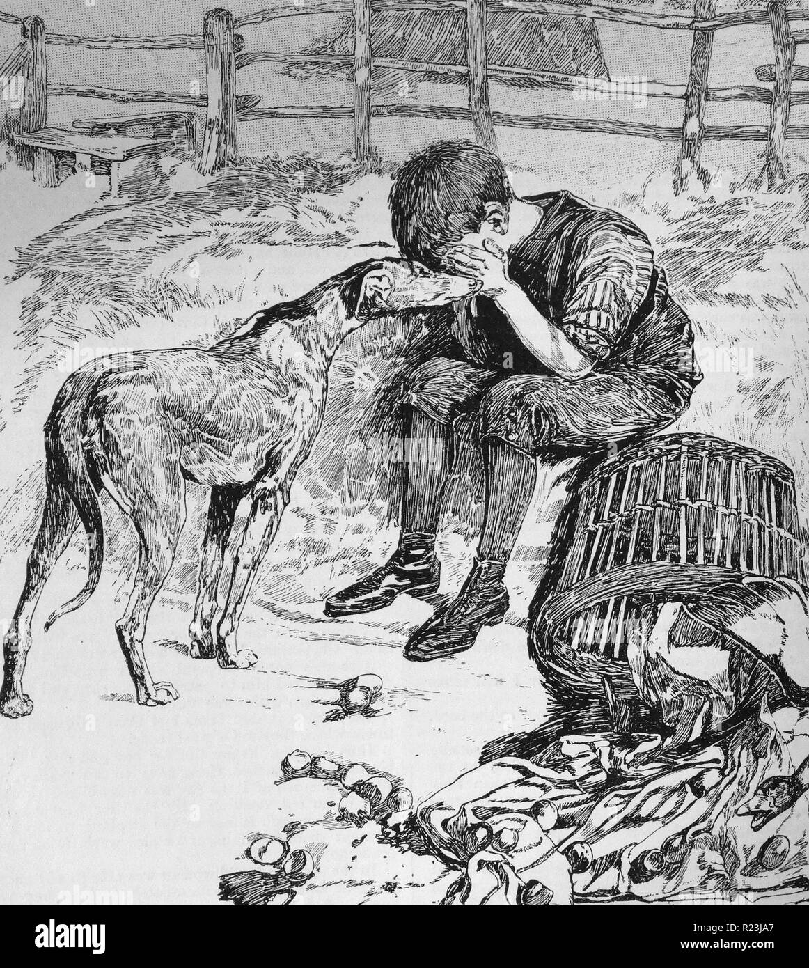 Illustration from a book depicting a young orphan boy and stray dog. The boys is sat weeping at the loss of his produce, whilst the dog affectingly licks his hands. Dated 1913 Stock Photo