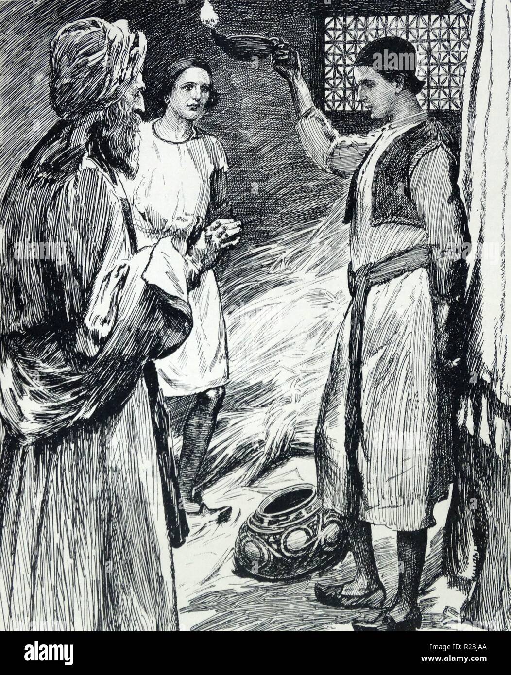 Illustration from a book depicts a task given to two pupils. The students were asked to go to the market and buy something that would fill the room. One student fills the room with hay, whilst the other buys an oil lamp claiming that the light from the lamp fills the room. The Master declares that the purchase made by the second student was the wiser purchase. Dated 1913 Stock Photo
