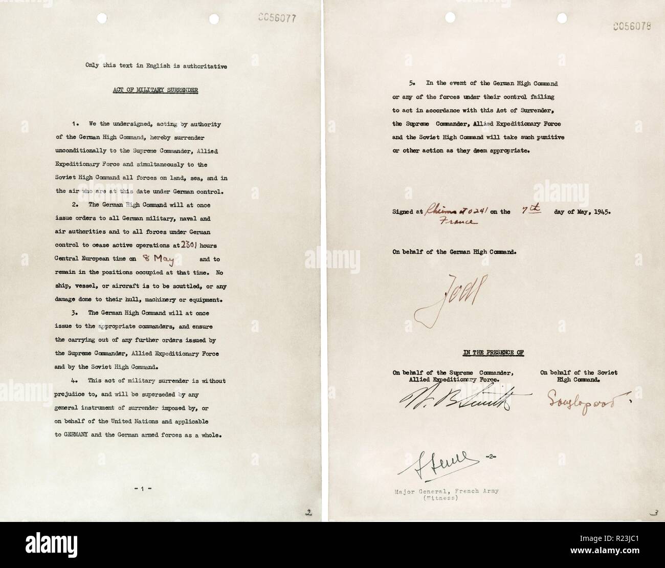The document marking Germany's surrender signed at Reims, France on 7 May 1945 signed by General Jodl Stock Photo