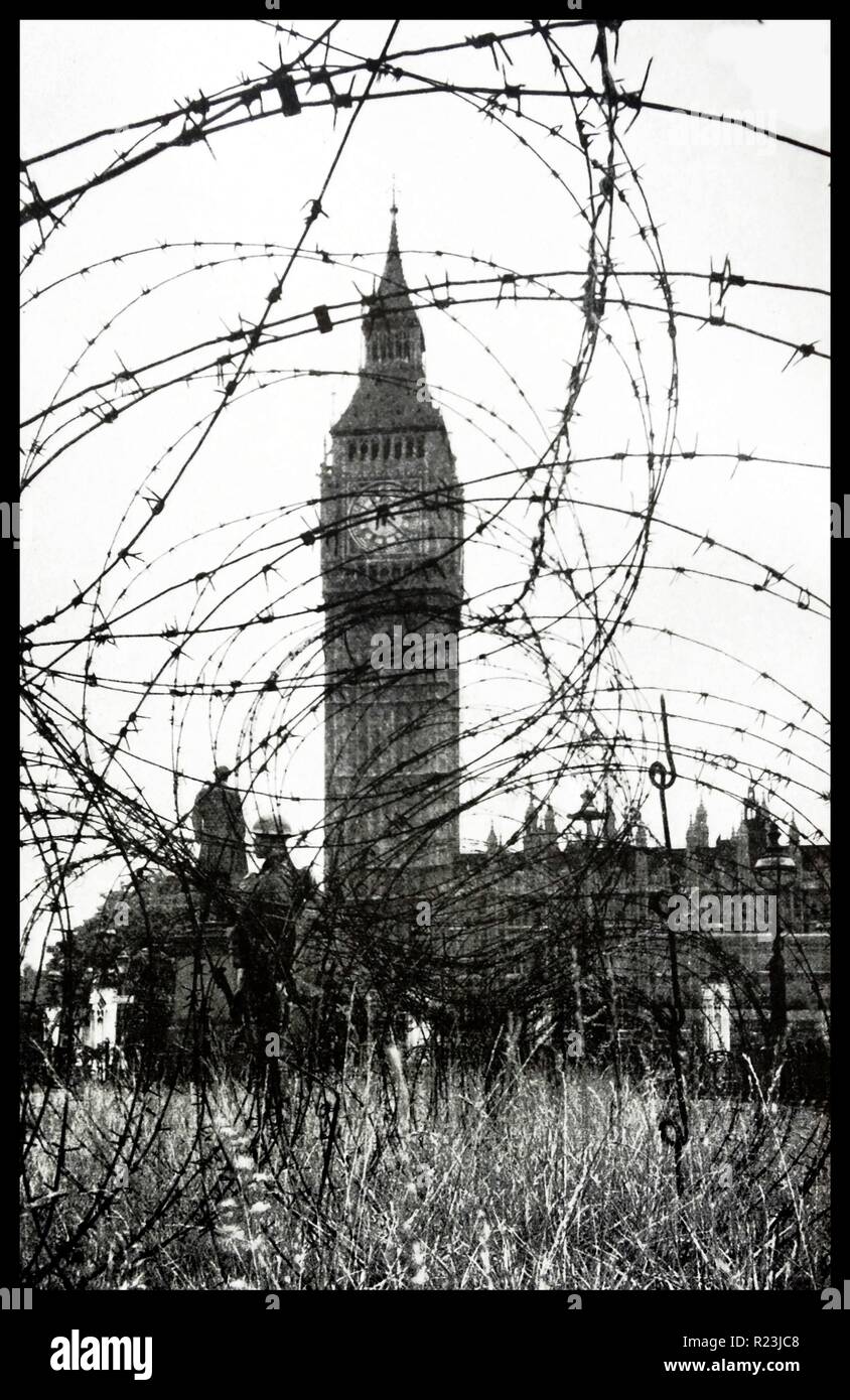 Barbed wire fences in Parliament Square London during World War Two 1942 Stock Photo