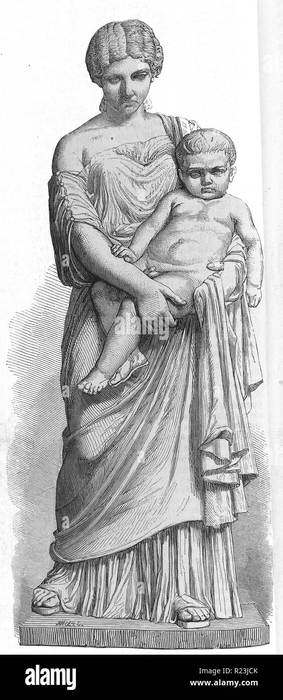 Illustration of a statue of Julia Agrippina holding an infant Caligula. Caligula was the nickname for the Roman Emperor Gauis. Dated 1830 Stock Photo