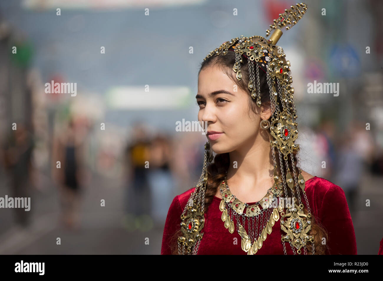 Belarus, the city of Gomel, September 15, 2018. Holiday City Day. Central Park.Turkmen woman in national costume Stock Photo