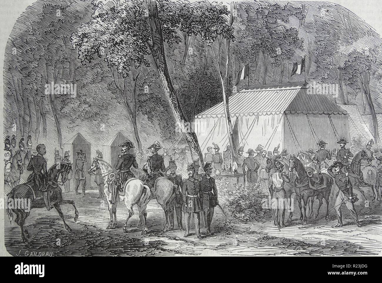 Illustration depicting the encampment of Saint-German-en-Laye, in the forest of Vesinet. Dated 1815 Stock Photo