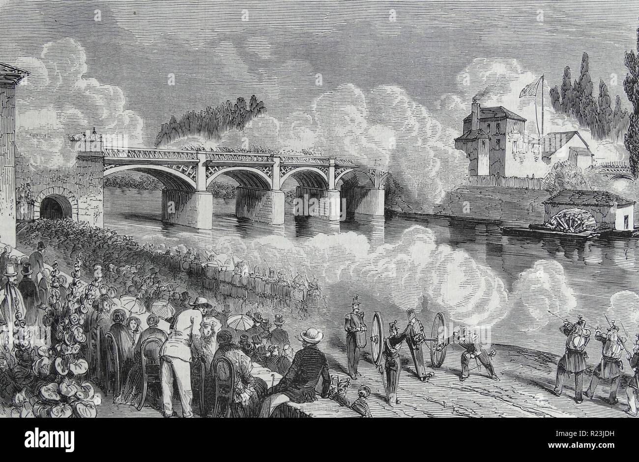 Illustration depicting the attack and capture of the Bridge of Chateau lead by Saint-German-en-Laye, during the Battle of Rocquencourt. Dated 1815 Stock Photo
