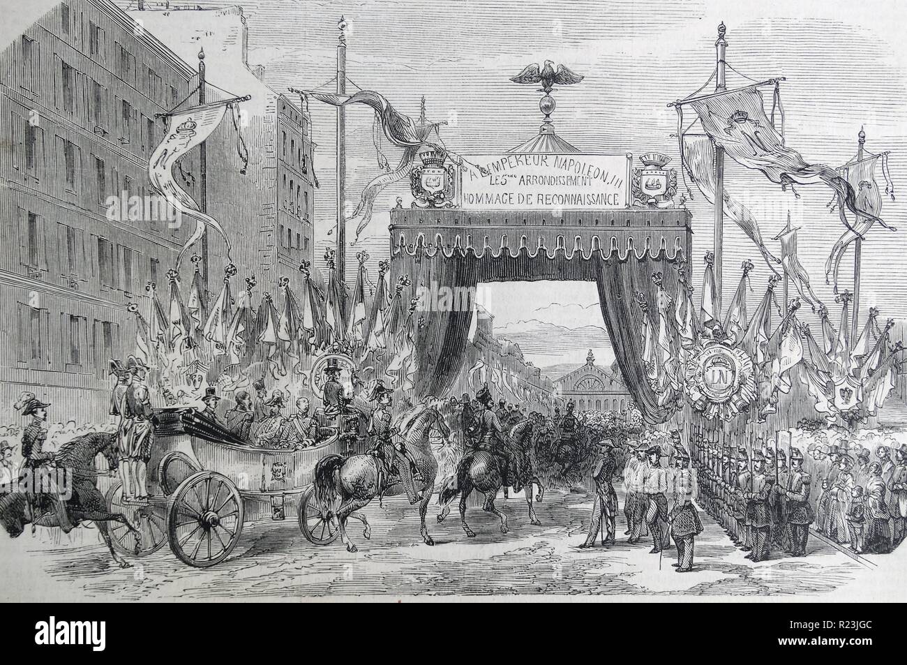 Woodcut depicting the Inauguration of the boulevard de Strasbourg hosting the celebration of Napoleon III being appointed to Baron Haussmann. Dated 1853 Stock Photo