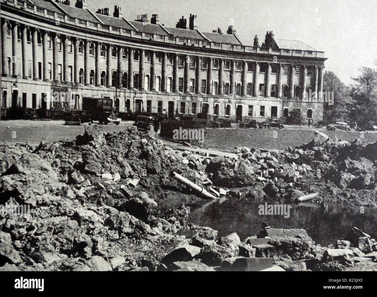 Photograph of the aftermath of a bomb that missed the Royal Crescent, Bath. Dated 1942 Stock Photo