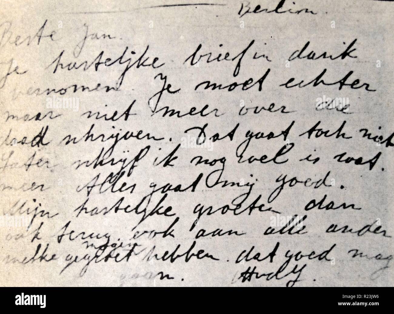 A letter from van der Lubbe (convicted for the Reichstag Fire in 1933) from prison. Stock Photo