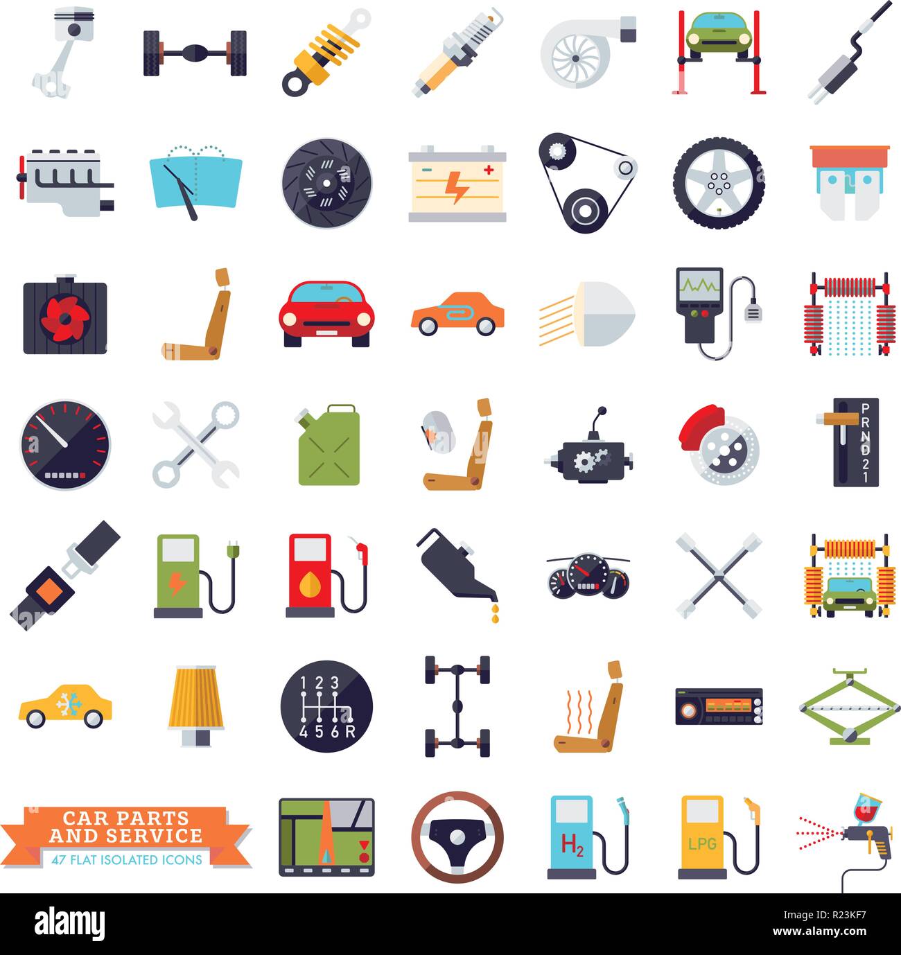 Collection of flat design car parts, service and repair icons. Isolated