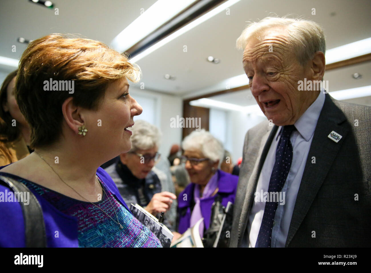 Emily Thornberry MP and Shadow Secretary of State for Foreign and Commonwealth Affairs and Lord Alf Dubs are seen at the Commemoration. Thousands of people including key politicians, celebrities, faith leaders, high profile supporters of refugee children’s rights gather in an event organized by UK charity Safe Passage in Euston, London to commemorate the 80th anniversary of the Kindertransport. Survivors of the Kindertransport have issued a statement urging the government to provide more routes to sanctuary for child refugees. Stock Photo