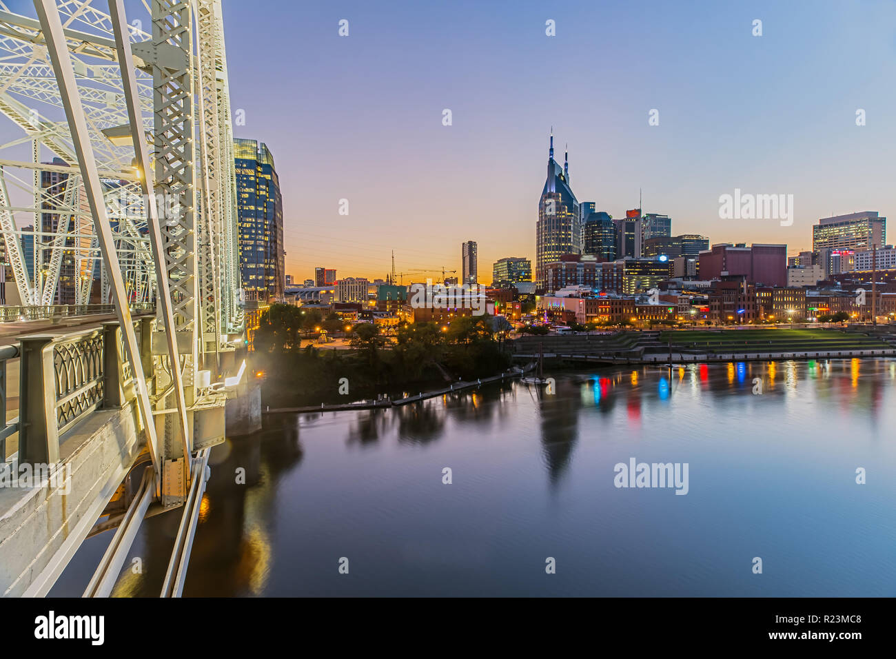Nashville Skyline from John Seigenthaler Pedestrian Bridge at Dusk Stock Photo