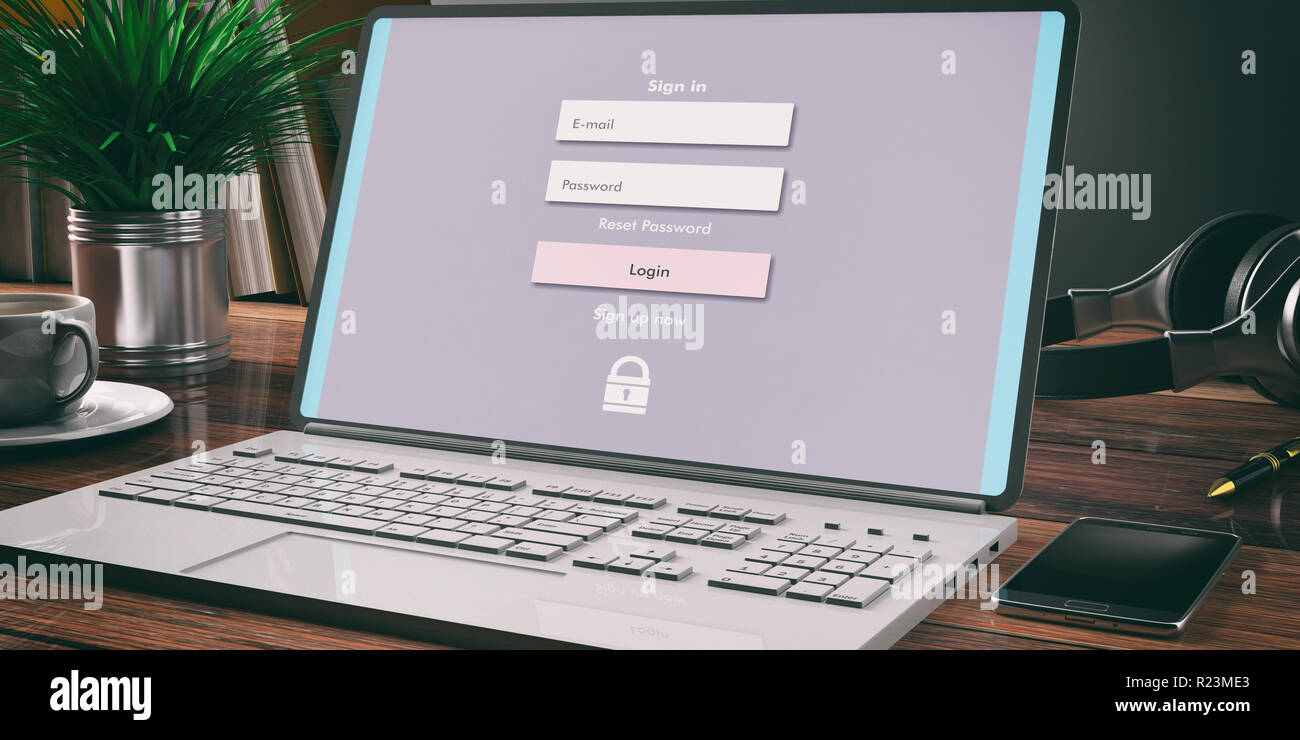 Login On A Computer Laptop Screen Wooden Desk Home Office