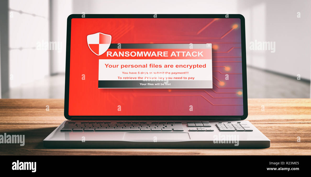 Ransomware, virus attack alert on a computer laptop screen, wooden desk, blur office background, front view. 3d illustration Stock Photo