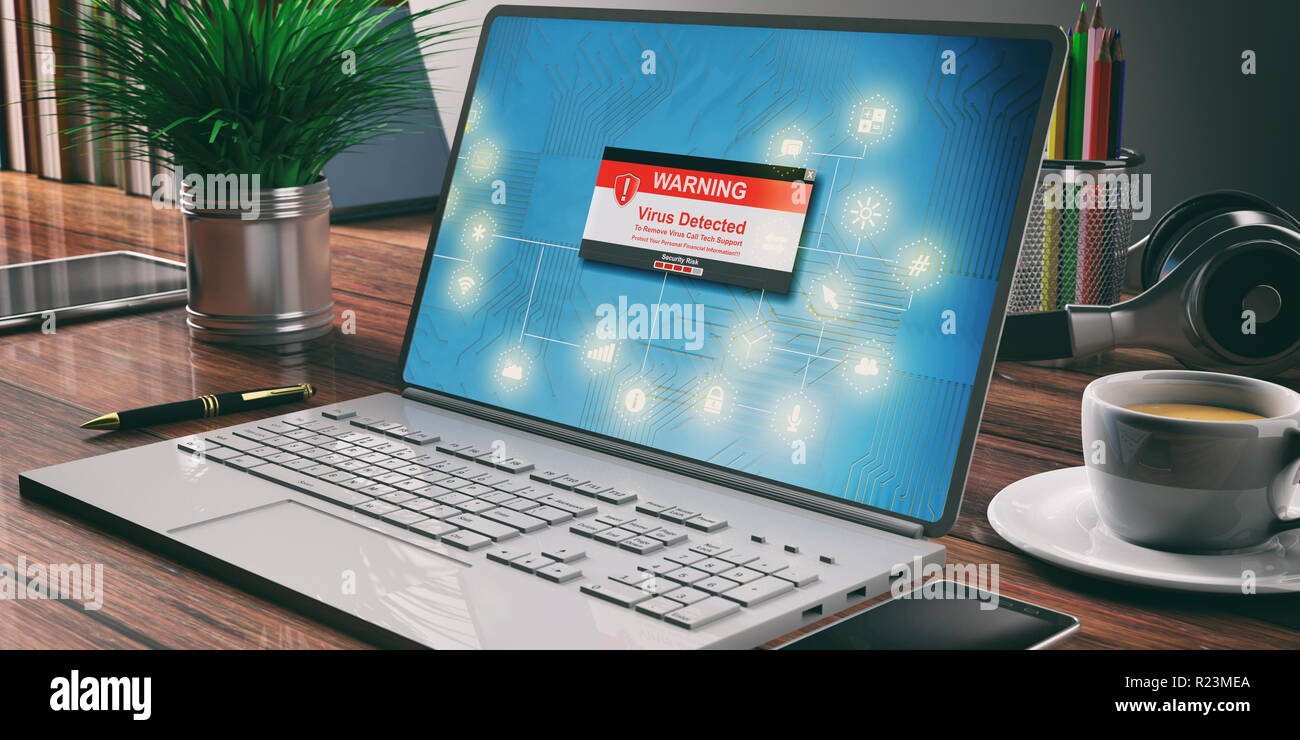 Virus detected, Internet security concept. Computer laptop, office background. 3d illustration Stock Photo