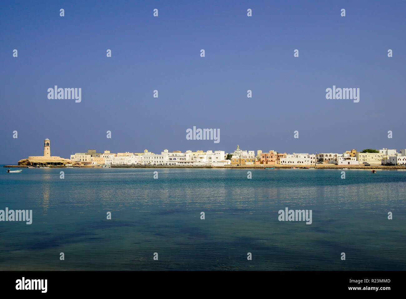 View picturesque of Al Ayjah town,  lighthouse in the bay of Sur, Oman Stock Photo