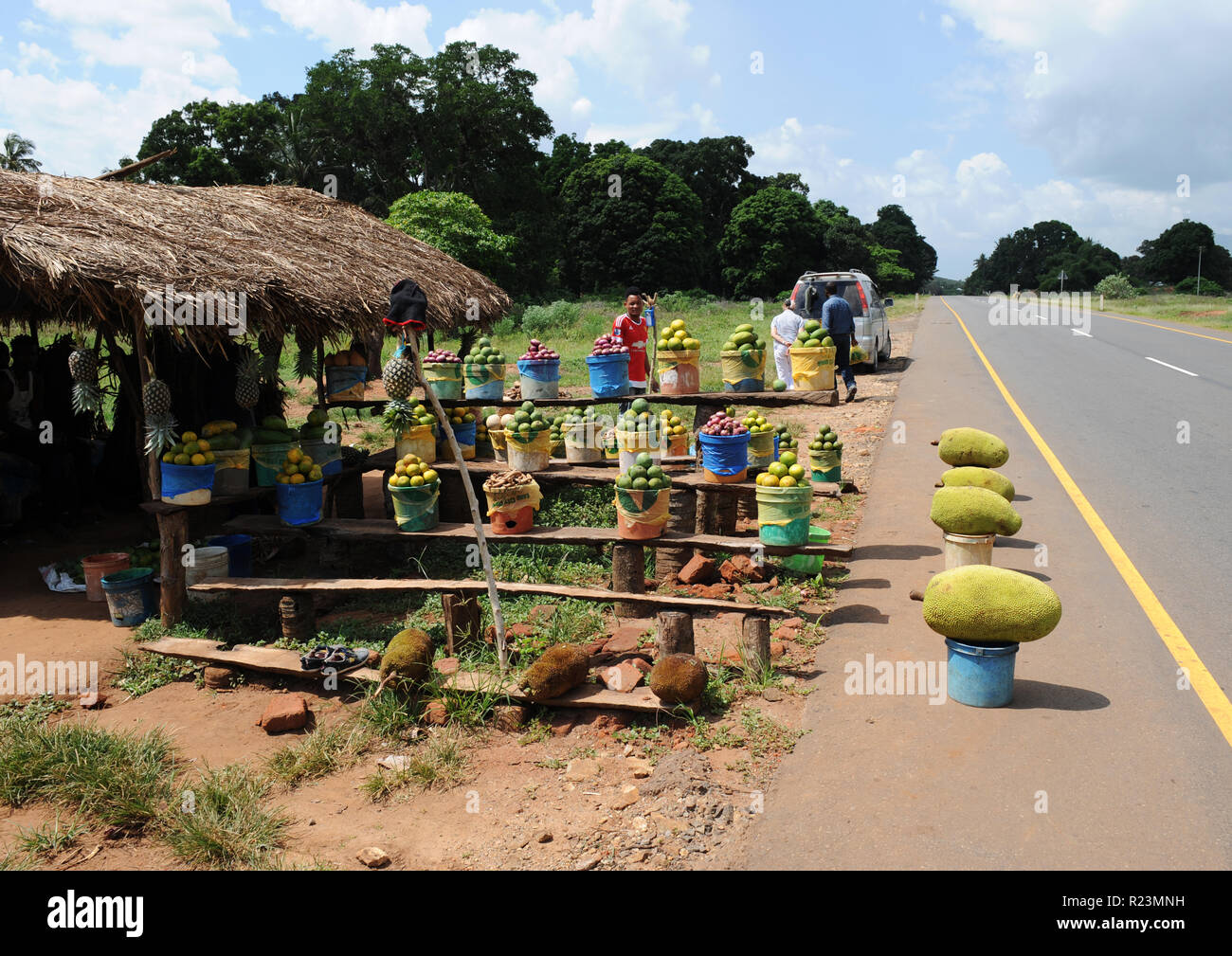 Tanzania Highway A14-B1 part of Great North Road resurfaced by Chinese labor, Roadside fruit stall selling assorted locally grown fresh tasty fruits. Stock Photo
