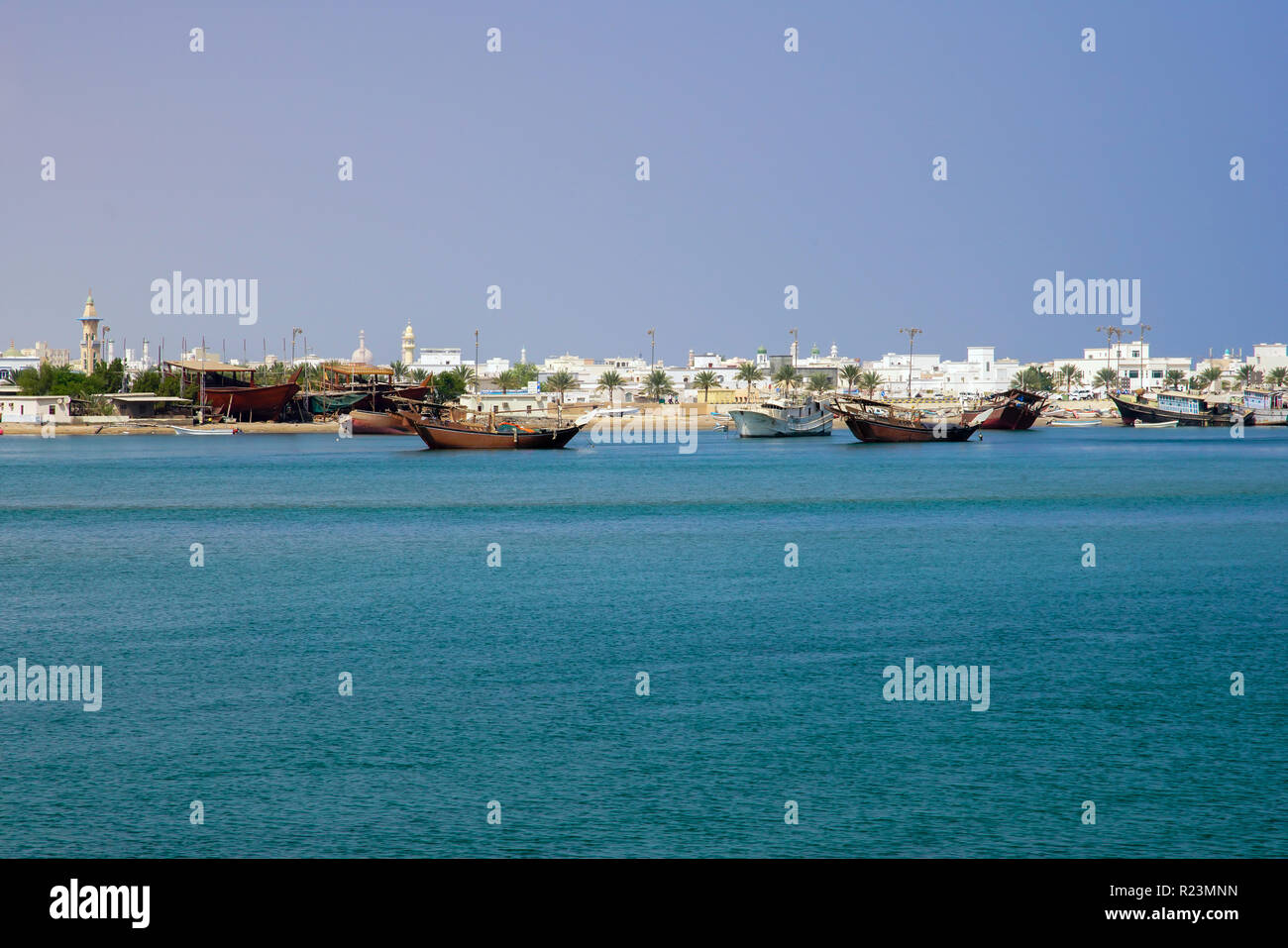 View of Al Ayjah town, harbor in the bay of Sur, Oman Stock Photo