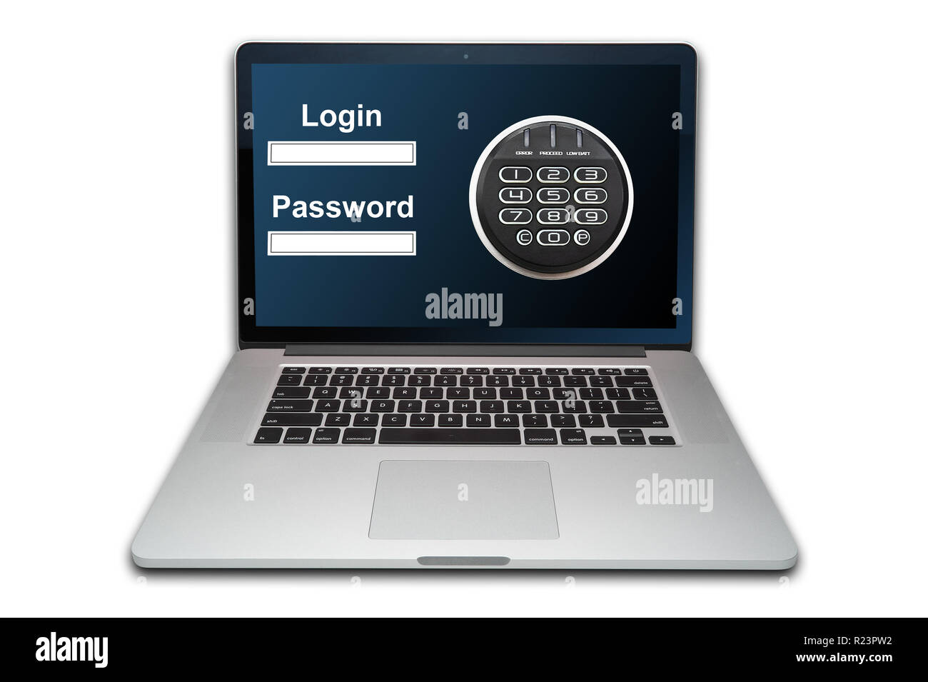 Cloud computing internet security concept laptop with combination lock isolated on white background Stock Photo