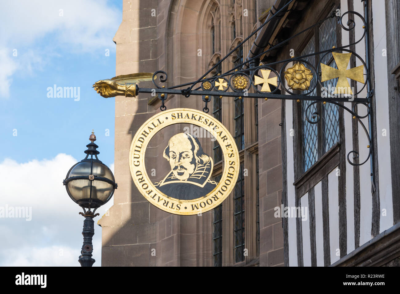 Sign for Shakespeare's Schoolroom at Stratford Guildhall in Stratford-upon-Avon, Warwickshire Stock Photo
