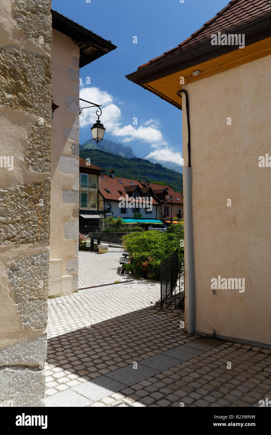 View from a cobbled courtyard Menthon  Saint  Bernard Lake Annecy France Stock Photo