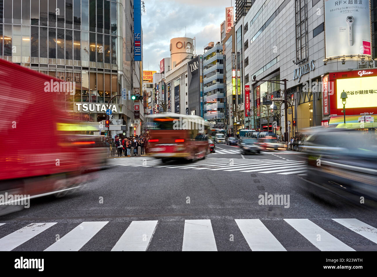 Traffic captured with blurred motion through the Shibuya Crossing 