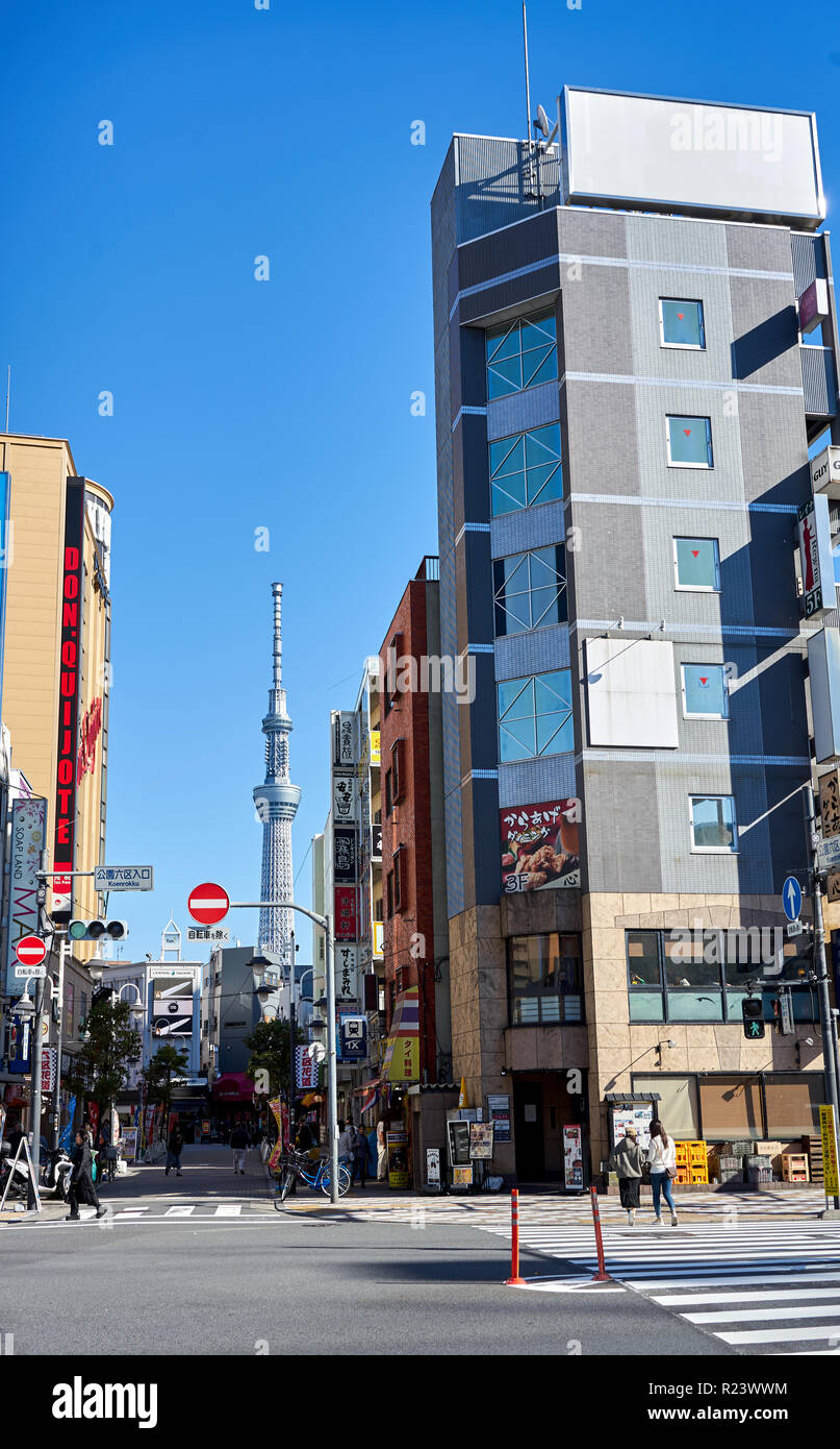 Tokyo street scene with the Sky Tree Tower in background, Tokyo, Japan, Asia Stock Photo