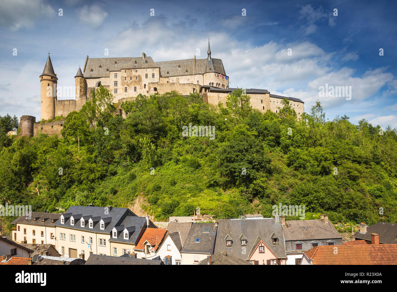 View of Vianden Castle above the town, Vianden, Luxembourg, Europe Stock Photo