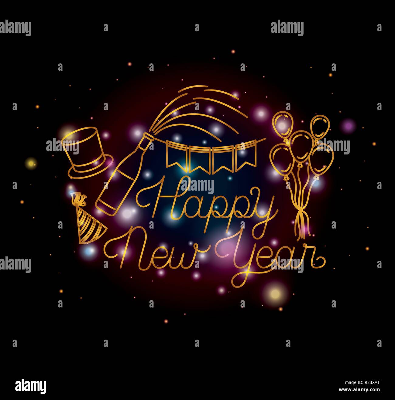happy new year lettering with lights and icons Stock Vector Image & Art ...