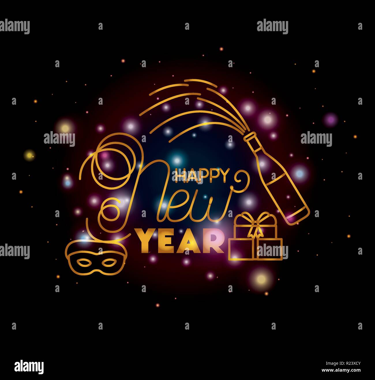 happy new year lettering with lights and icons Stock Vector Image & Art ...