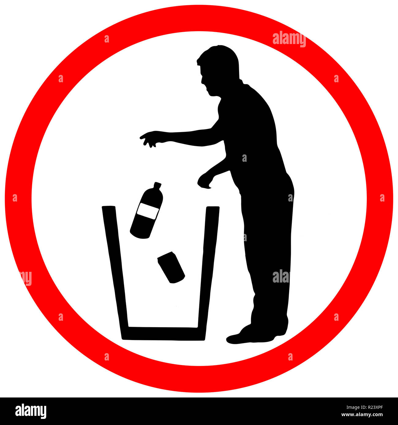 throw litter in trash icon. Keep clean sign. Warning caution red circle