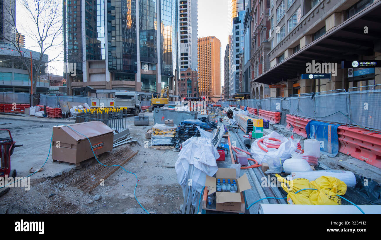 August 2018, excavation and laying of the rail tracks (RHS) continues on the George and Jamison Streets section of Sydney's new Light Rail network Stock Photo