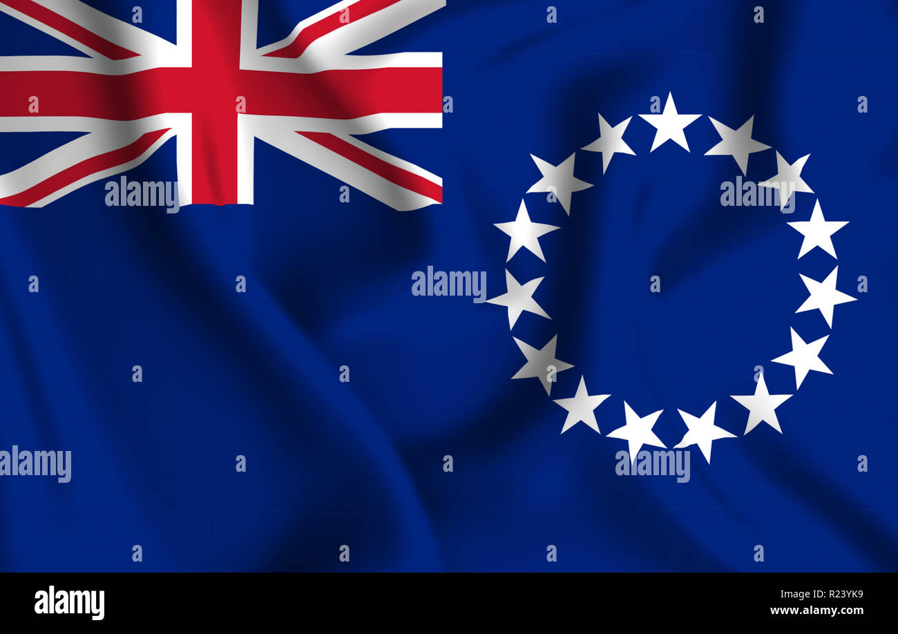 Cook Islands 3D waving flag illustration. Texture can be used as background. Stock Photo