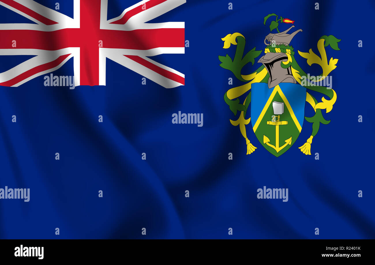 Pitcairn Islands 3D waving flag illustration. Texture can be used as background. Stock Photo