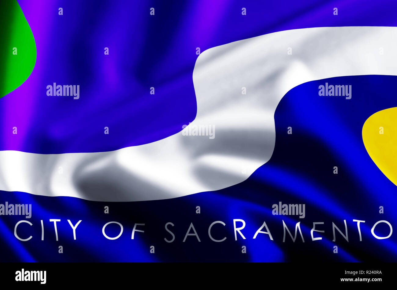 Sacramento 3D waving and closeup flag illustration with reflections