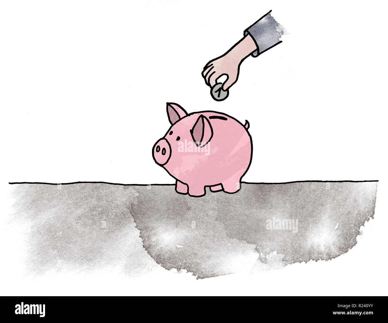 Hand inserts coin into piggy bank savings concept Illustration Stock ...