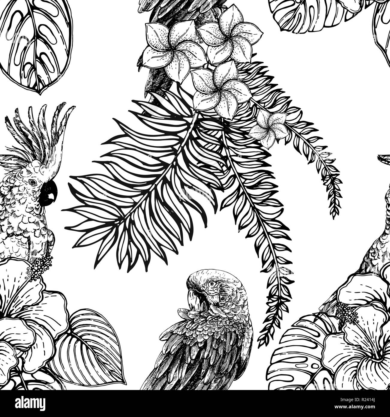 Seamless pattern of hand drawn sketch style exotic flowers, plants and birds isolated on white background. Vector illustration. Stock Vector