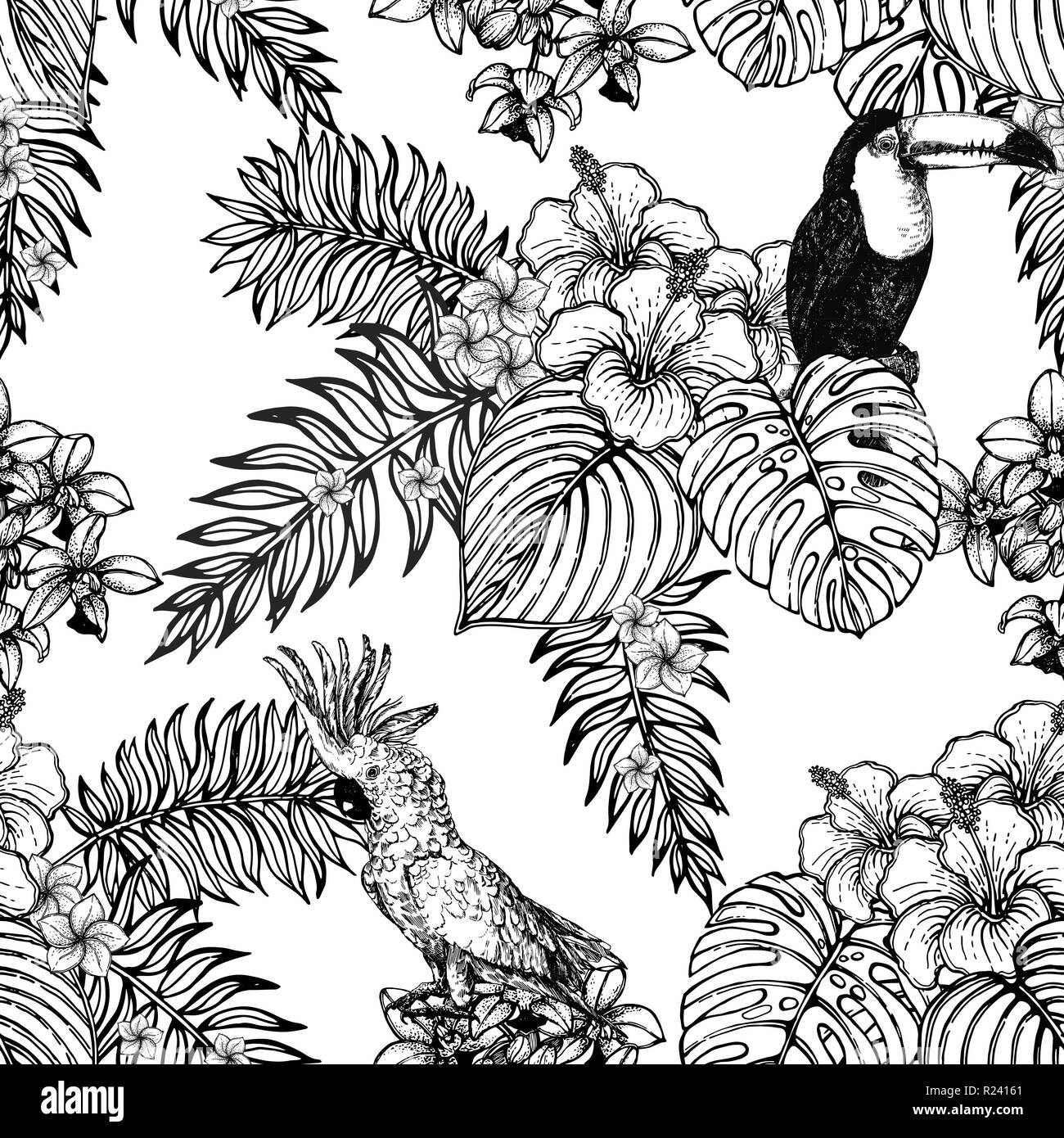 Seamless pattern of hand drawn sketch style flowers and plants isolated ...