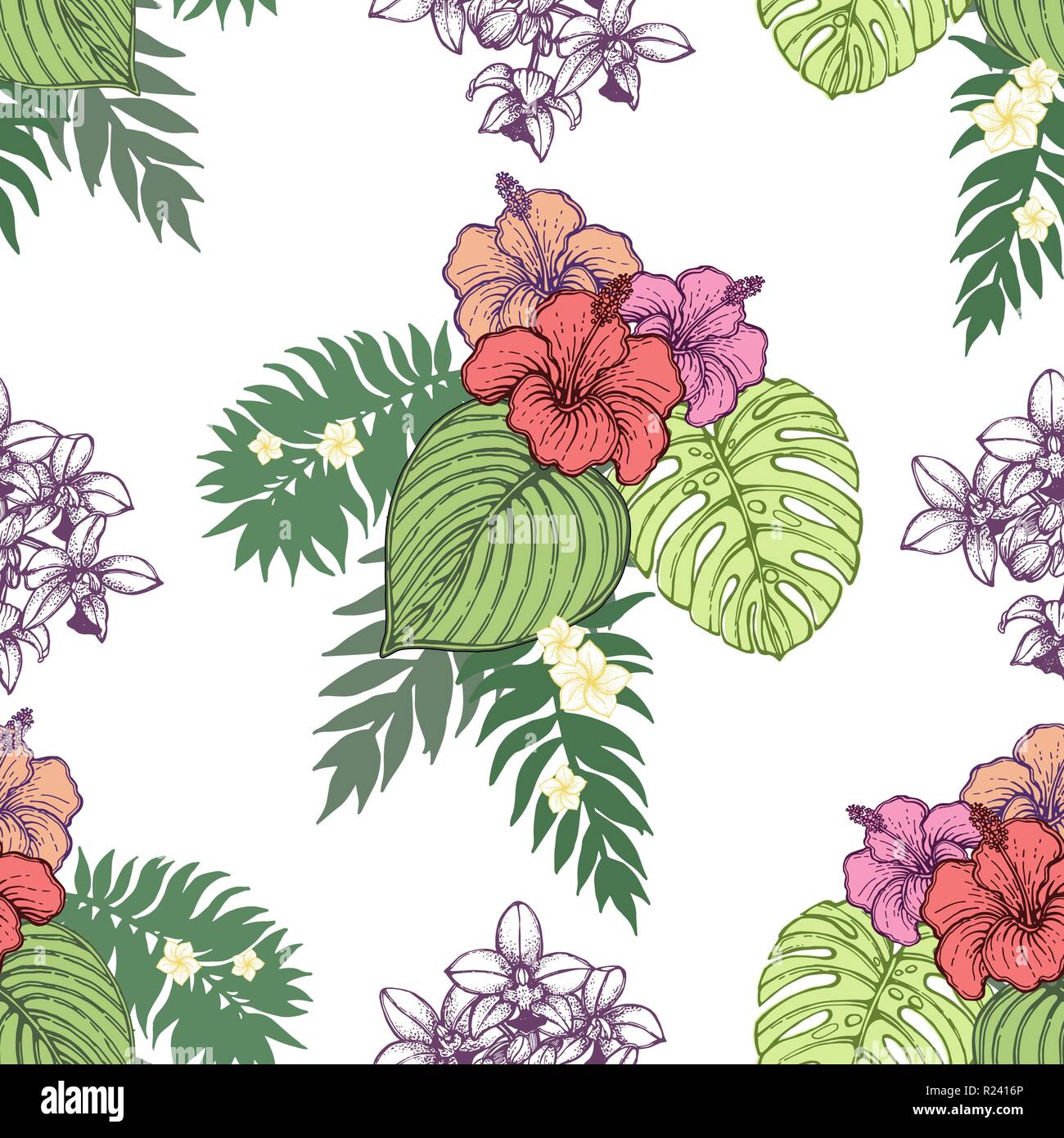 Seamless pattern of hand drawn sketch style flowers and plants isolated ...