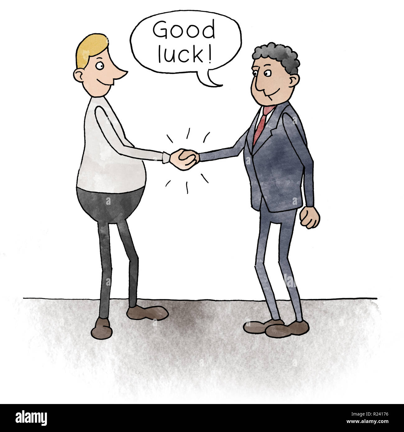 Cartoon of two businessmen shaking hands with speech bubble: Good luck Stock Photo