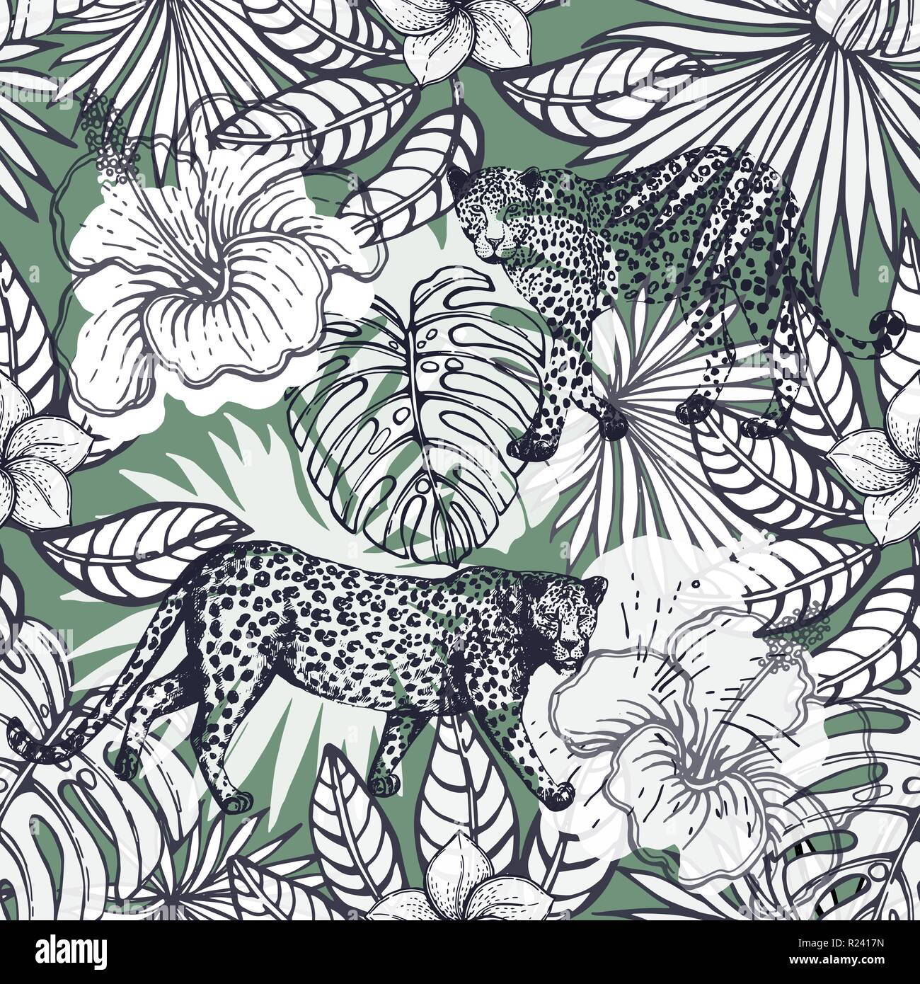Seamless pattern of hand drawn sketch style exotic flowers, plants and ...