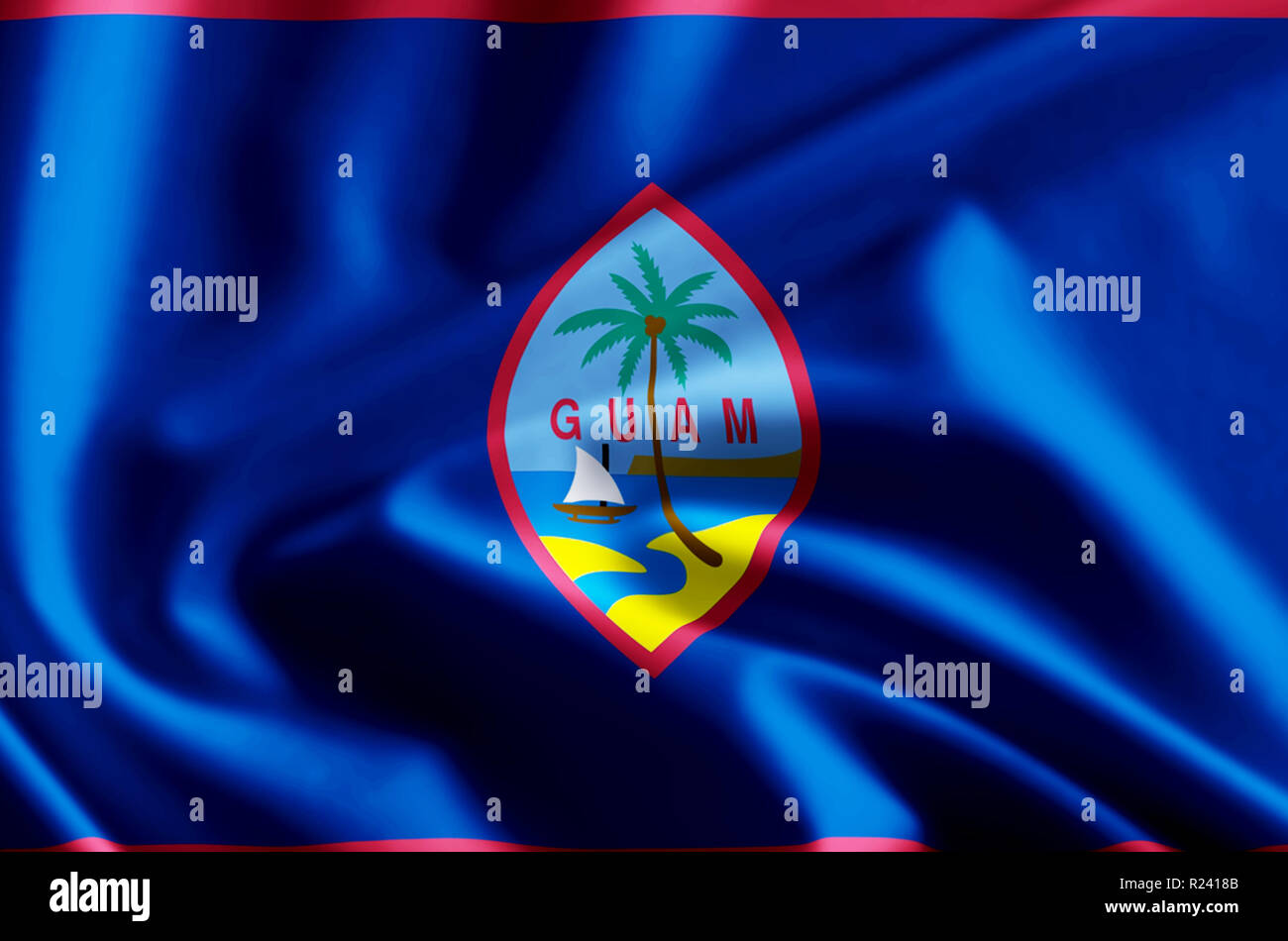 Guam 3D waving and closeup flag illustration with reflections. Usable for background and texture. Stock Photo