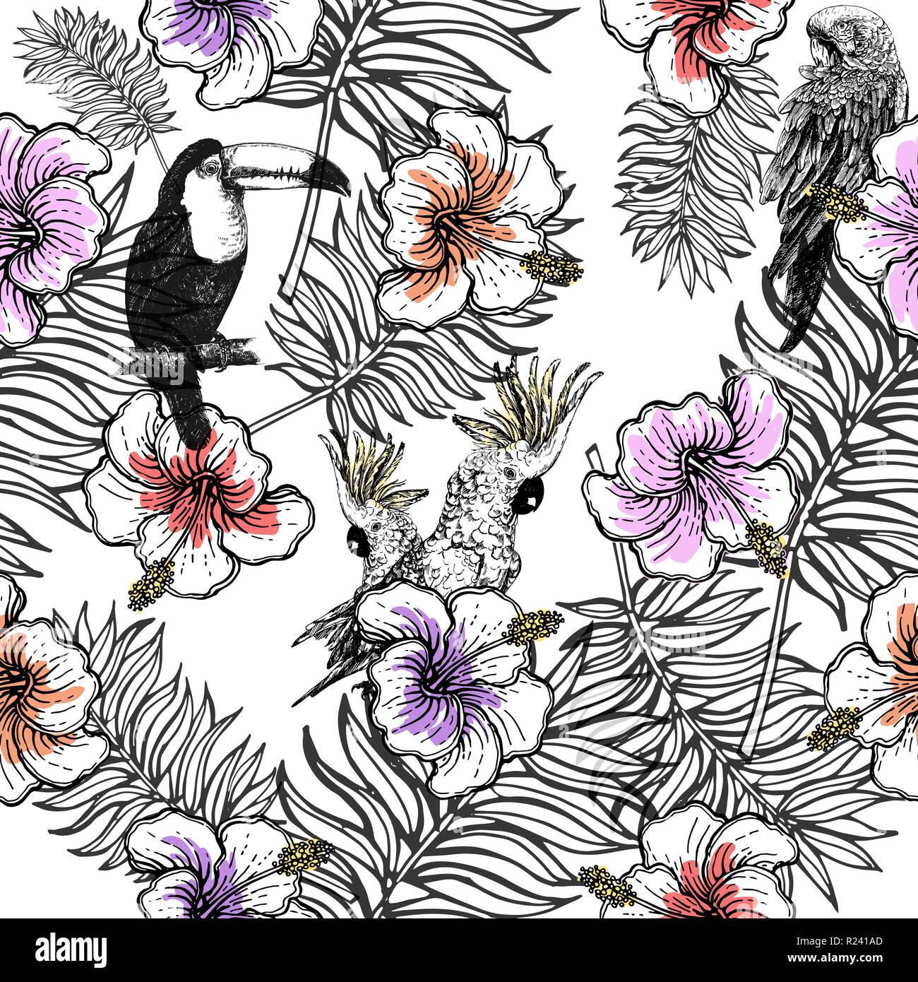 Seamless pattern of hand drawn sketch style flowers and plants isolated ...