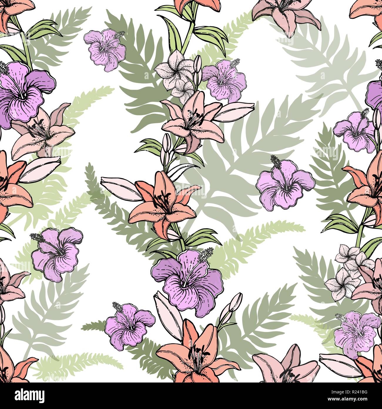 Seamless pattern of hand drawn sketch style flowers and plants isolated ...