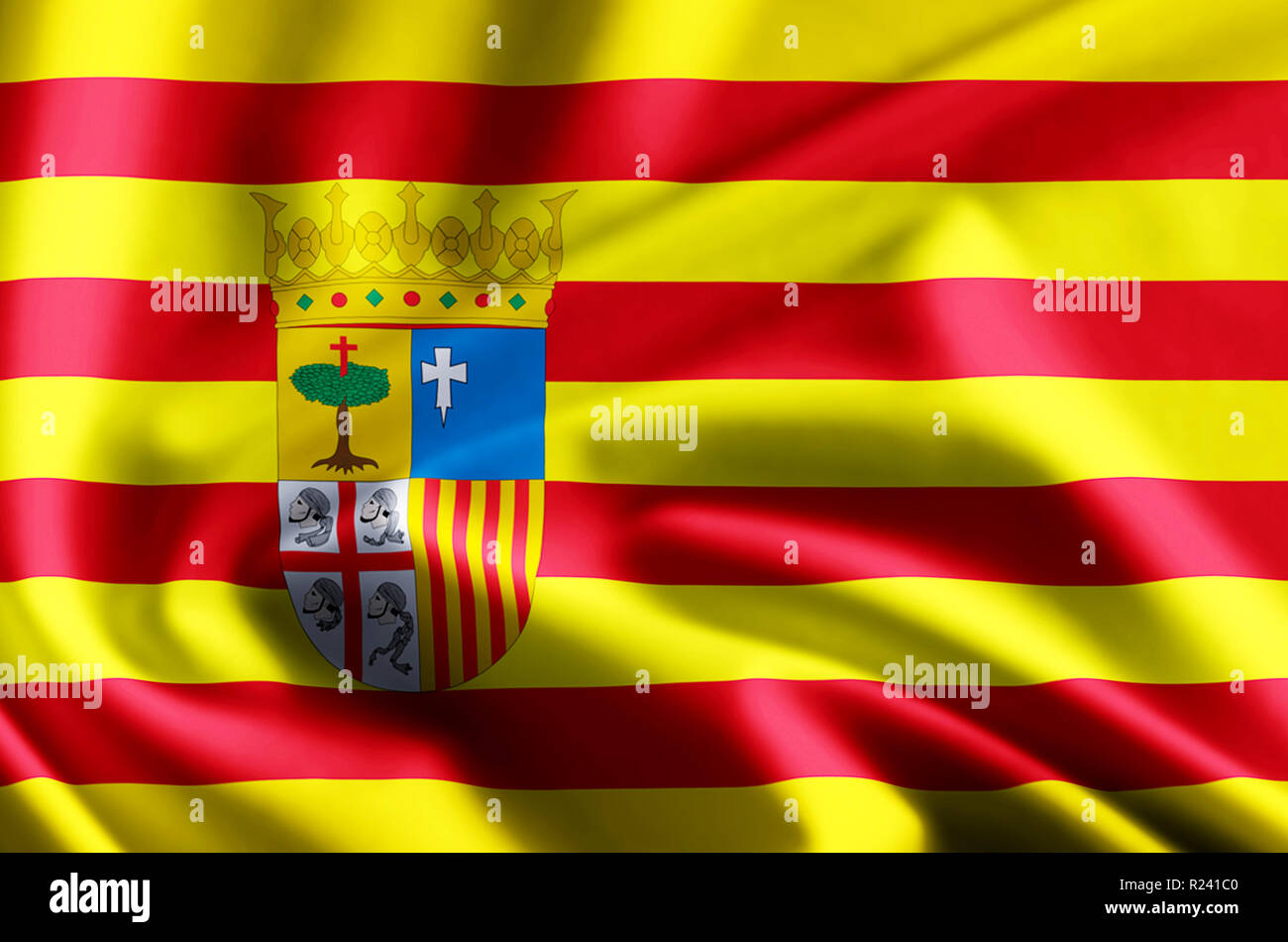 Aragon 3D waving and closeup flag illustration with reflections. Usable ...