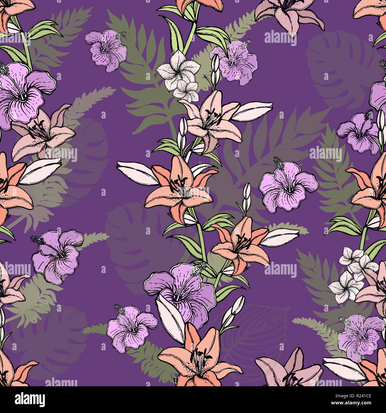 Seamless pattern of hand drawn sketch style flowers and plants. Vector ...