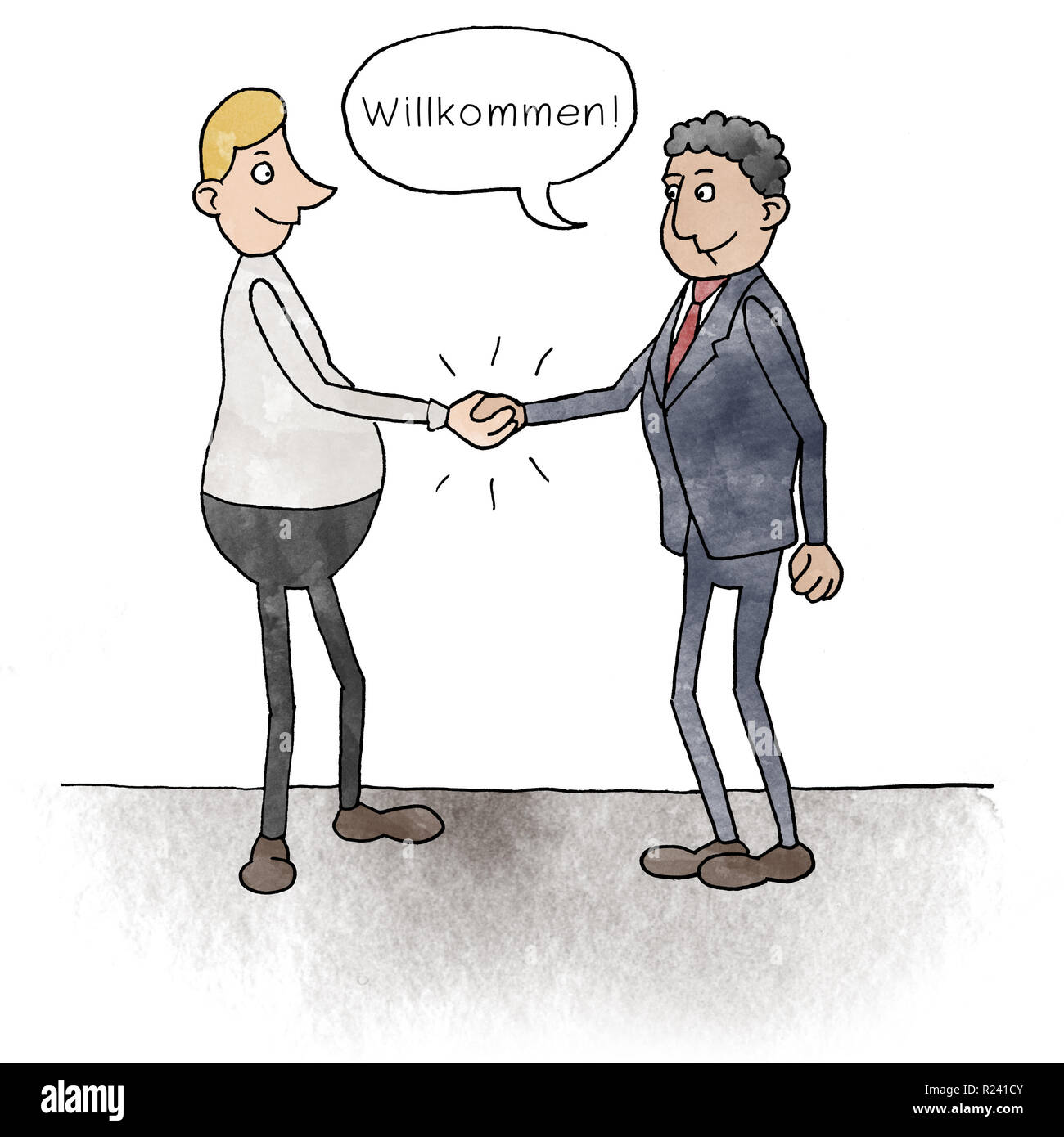 Cartoon zwei Geschäftsmänner geben sich die Hand mit Sprechblase: Willkommen Stock Photo