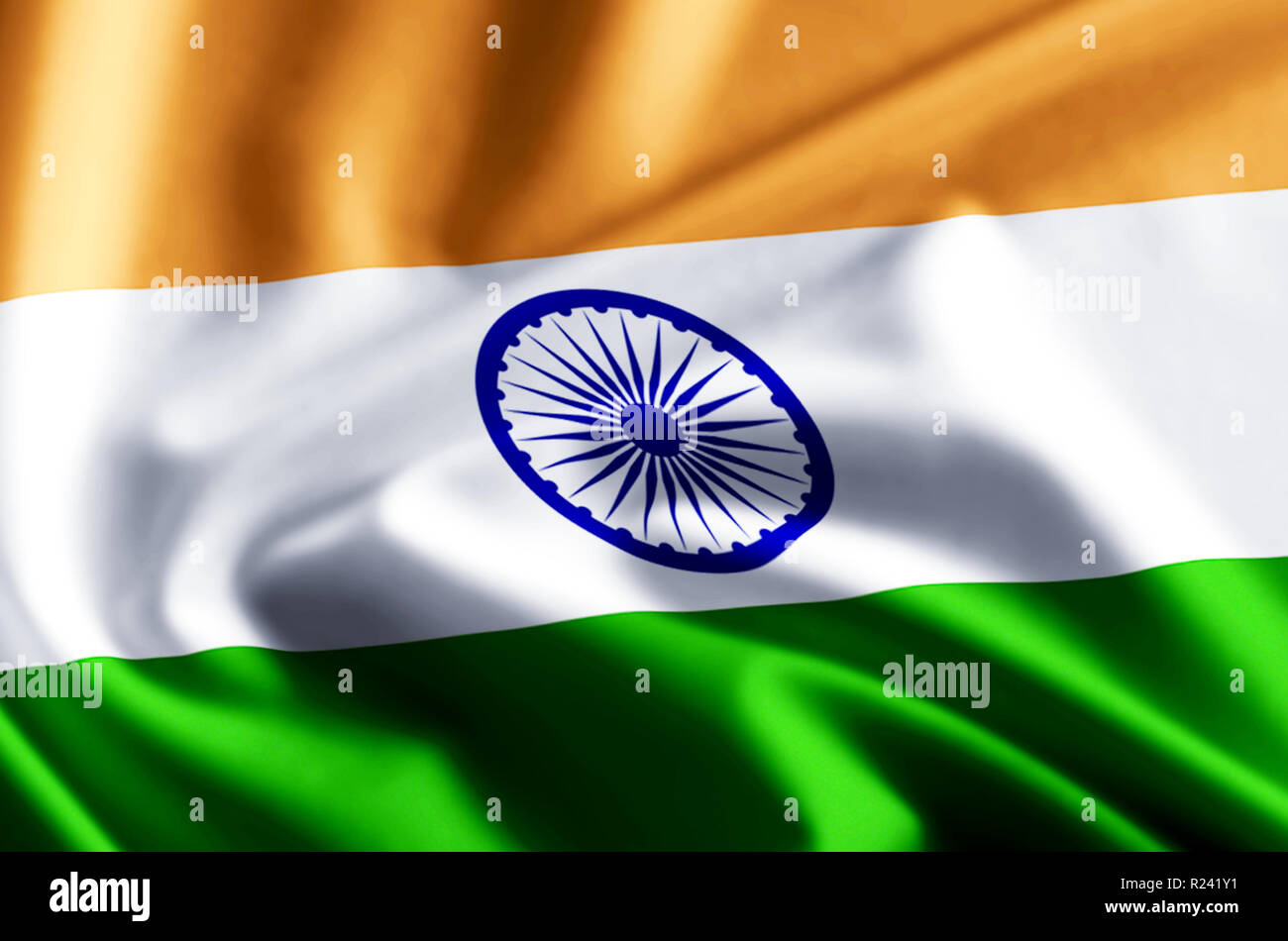 India 3D waving and closeup flag illustration with reflections. Usable ...