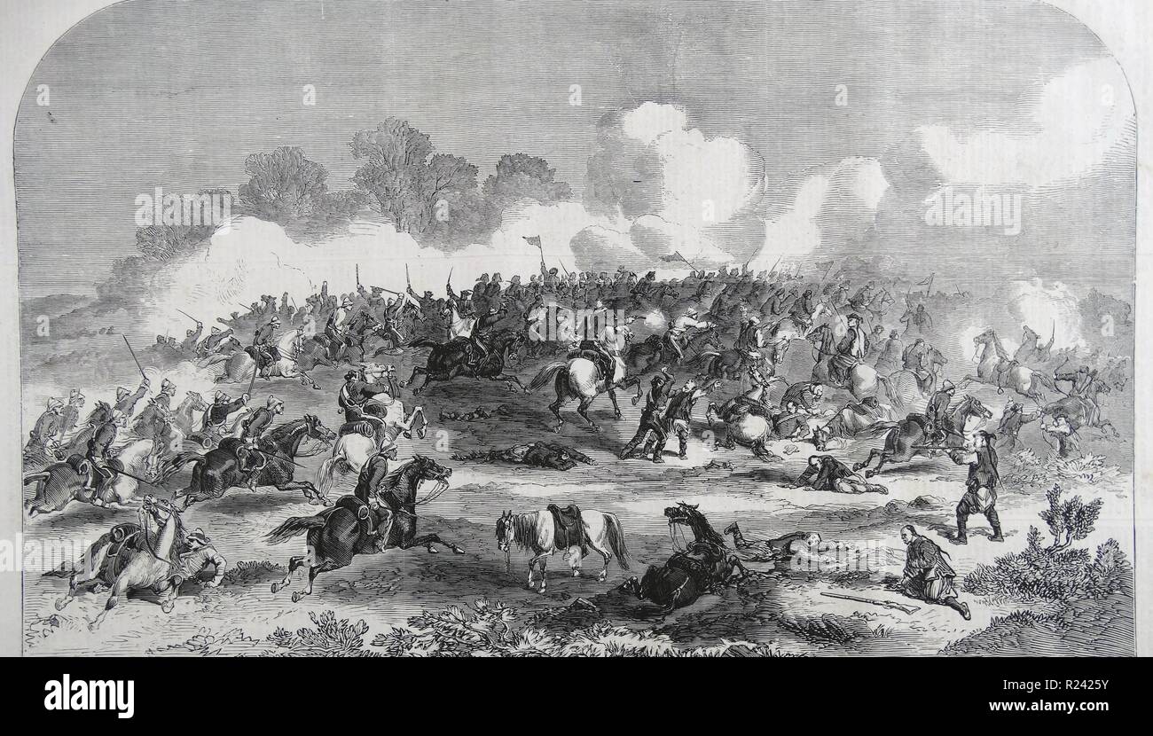 Engraving depicts the King's Dragon Guards closing with the Tartar Cavalry in the engagement near Peking. Dated 1860 Stock Photo